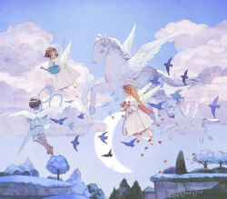 Rule 34 | 1boy, 2girls, ahoge, angel, angel wings, barefoot, bird, blue bird, blue pajamas, blue sky, blue theme, closed mouth, cloud, collared dress, commentary, crescent moon, dress, english commentary, falling flower, flower, flying, foal, from behind, from side, grass, halo, highres, hill, holding, holding scissors, holding watering can, long hair, looking at another, looking back, looking down, moon, multiple girls, original, outdoors, pajamas, pegasus, pine tree, pink bird, pink dress, red flower, red hair, scissors, short bangs, short hair, sky, sleeve cuffs, tono (rt0no), tree, watering can, white flower, wings
