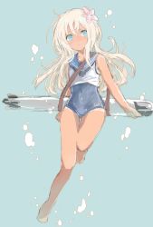 Rule 34 | 1girl, barefoot, black one-piece swimsuit, black sailor collar, blonde hair, blue eyes, commentary request, crop top, dress, flower, full body, hair flower, hair ornament, highres, kantai collection, karin bluez3, long hair, one-piece swimsuit, one-piece tan, ro-500 (kancolle), sailor collar, sailor dress, school swimsuit, solo, swimsuit, swimsuit under clothes, tan, tanline, torpedo, underwater