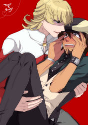 Rule 34 | 10s, 2boys, barnaby brooks jr., blonde hair, blush, brown eyes, brown hair, cabbie hat, carrying, covering privates, covering face, facial hair, glasses, green eyes, hat, jacket, jewelry, kaburagi t. kotetsu, male focus, mossu, multiple boys, necklace, necktie, princess carry, red jacket, short hair, simple background, stubble, tiger &amp; bunny, vest, waistcoat, watch, wristwatch