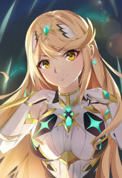 Rule 34 | 1girl, bare shoulders, blonde hair, breasts, chest jewel, dress, earrings, elbow gloves, gloves, highres, jewelry, kiiro kimi, long hair, looking at viewer, medium breasts, mythra (massive melee) (xenoblade), mythra (xenoblade), nintendo, smile, solo, super smash bros., swept bangs, tiara, upper body, white dress, white gloves, xenoblade chronicles (series), xenoblade chronicles 2, yellow eyes