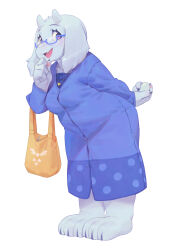 Rule 34 | 1girl, absurdres, animal ears, animal feet, animal hands, arm behind back, bag, barefoot, blue-framed eyewear, blue dress, blue shirt, blush, body fur, breasts, buttons, claws, clenched hand, deltarune, dress, egg, fangs, feet, female focus, full body, furry, furry female, glasses, goat ears, goat girl, goat horns, hand to own mouth, hand up, handbag, happy, heart, heart necklace, hershey&#039;s kisses, highres, holding, holding egg, horns, inuki (aruurara), jewelry, leaning forward, light blush, long dress, long sleeves, looking back, medium breasts, necklace, nose blush, open mouth, pawpads, purple eyes, semi-rimless eyewear, shirt, simple background, skin fangs, smile, snout, solo, standing, toriel, white background, white fur, white horns
