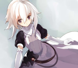 Rule 34 | 1girl, belt, character request, dutch angle, elbow gloves, expressionless, gloves, hair between eyes, looking afar, looking at viewer, puffy short sleeves, puffy sleeves, purple hair, shiromiso, short hair, short sleeves, sidelocks, simple background, solo, source request, standing, tareme, upper body, white gloves, white hair