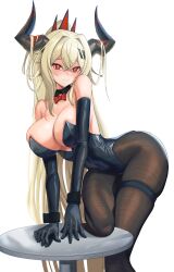 Rule 34 | 1girl, absurdres, alternate costume, bare shoulders, black gloves, black horns, black leotard, black pantyhose, blonde hair, blush, bow, bowtie, breasts, bright pupils, cleavage, commentary, counter:side, crossed bangs, demon horns, detached collar, ecclesia (counter:side), elbow gloves, english commentary, fine fabric emphasis, furrowed brow, gloves, hair between eyes, hair ornament, highleg, highleg leotard, highres, horns, large breasts, leaning forward, leg up, leotard, long hair, looking at viewer, mole, mole under eye, on table, pantyhose, playboy bunny, ponytail, red bow, red bowtie, red eyes, ringed eyes, simple background, skindentation, smile, solo, strapless, strapless leotard, table, thigh strap, very long hair, white background, white pupils, wrist cuffs, yaegum2001