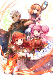 Rule 34 | 1boy, 3girls, arm guards, armor, bird, boey (fire emblem), breastplate, brown eyes, cape, celica (fire emblem), circlet, curly hair, dark-skinned male, dark skin, detached collar, earrings, fingerless gloves, fire, fire emblem, fire emblem echoes: shadows of valentia, fire emblem heroes, genny (fire emblem), gloves, hair ornament, hairband, highres, jewelry, long hair, mae (fire emblem), multiple girls, nintendo, one eye closed, open mouth, pink hair, red eyes, red hair, simple background, sparkle, staff, tarayuki, tiara, twintails, white background, white hair