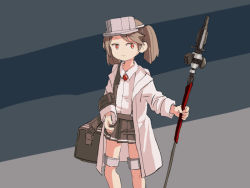 Rule 34 | box, brown hair, commentary, cowboy shot, dress shirt, english commentary, grey skirt, kantai collection, lab coat, magatama, one-hour drawing challenge, orange eyes, pleated skirt, polearm, ryuujou (kancolle), shirt, sixten, skirt, solo, spear, standing, suspender skirt, suspenders, twintails, two-tone background, visor cap, weapon, white shirt
