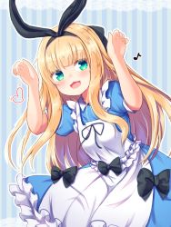 Rule 34 | 1girl, :d, apron, arms up, baram, black bow, black ribbon, blonde hair, blue dress, blush, bow, breasts, collared dress, commentary request, dress, eighth note, frilled apron, frilled dress, frills, green eyes, hair bow, hair ribbon, heart, highres, long hair, looking at viewer, mononobe alice, mononobe alice (1st costume), musical note, nijisanji, open mouth, puffy short sleeves, puffy sleeves, ribbon, short sleeves, small breasts, smile, solo, striped, striped background, vertical stripes, very long hair, virtual youtuber, white apron