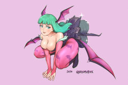 Rule 34 | 1girl, animal print, bare shoulders, bat print, bat wings, black leotard, blunt bangs, boots, breasts, bridal gauntlets, capcom, cleavage, collarbone, commentary, demon girl, english commentary, flying, full body, gloves, green eyes, green hair, head wings, highres, large breasts, leotard, long hair, mecha musume, morrigan aensland, pantyhose, pink gloves, pink pantyhose, print pantyhose, purple wings, quasimodox, solo, sparkle, strapless, strapless leotard, thrusters, vampire (game), wings