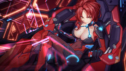 Rule 34 | 1girl, bodysuit, breasts, cleavage, closed mouth, commentary request, honkai (series), honkai impact 3rd, large breasts, long hair, looking at viewer, mole, mole on breast, murata himeko, murata himeko (scarlet fusion), parted bangs, red hair, revision, science fiction, sitting, smile, solo, sougishi ego, wavy hair, yellow eyes