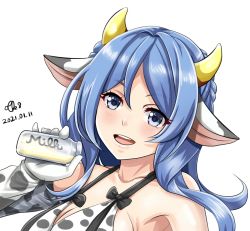 Rule 34 | 1girl, animal ears, animal print, artist name, bikini, blue eyes, blue hair, blush, bottle, breasts, cleavage, collarbone, cow ears, cow horns, cow print, dated, double bun, elbow gloves, gloves, hair bun, holding, holding bottle, horns, kantai collection, large breasts, medium hair, open mouth, portrait, signature, simple background, smile, solo, swimsuit, teeth, tk8d32, upper teeth only, urakaze (kancolle), white background, white bikini, white gloves
