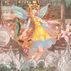 Rule 34 | 1girl, animal ears, body markings, braid, brown hair, commentary, dress, eyelashes, fairy wings, flat chest, flower, forest, grass, green eyes, hair ribbon, long hair, looking at viewer, nature, neopets, outdoors, personification, plant, ribbon, short dress, smirk, standing, tree, very long hair, wings, xweetok, yakuun, yellow dress, yellow ribbon