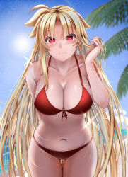 Rule 34 | 1girl, beach, bikini, blonde hair, breasts, cleavage, closed mouth, collarbone, commentary, day, fate testarossa, highres, large breasts, leaning forward, long hair, looking at viewer, lyrical nanoha, mahou shoujo lyrical nanoha strikers, navel, ocean, palm leaf, red bikini, red eyes, smile, solo, sougetsu izuki, standing, swimsuit, very long hair, water