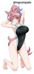 Rule 34 | 1girl, absurdres, armpits, arms behind head, black one-piece swimsuit, breasts, competition swimsuit, covered navel, full body, gluteal fold, groin, highleg, highleg swimsuit, highres, kneeling, kyomeihibiki, large breasts, light blush, long hair, looking at viewer, maria cadenzavna eve, one-piece swimsuit, pink hair, senki zesshou symphogear, solo, swimsuit, toes, very long hair