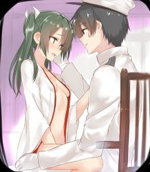 Rule 34 | 10s, 1boy, 1girl, :d, admiral (kancolle), bad id, bad twitter id, bare shoulders, between legs, black hair, blush, breasts, chair, cleavage, fang, gloves, green eyes, hand between legs, hand on another&#039;s cheek, hand on another&#039;s face, hat, implied sex, isshiki (ffmania7), japanese clothes, kantai collection, kimono, light smile, long sleeves, looking away, looking to the side, military, military uniform, naval uniform, nose blush, open clothes, open kimono, open mouth, peaked cap, sitting, sitting on person, sketch, small breasts, smile, straddling, uniform, upright straddle, white gloves, white hat, wide sleeves, x-ray, zuikaku (kancolle)