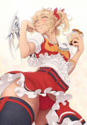 Rule 34 | 1girl, alternate wings, black thighhighs, blonde hair, blush, closed eyes, commentary request, eating, flandre scarlet, food, foodgasm, from below, hair ribbon, highres, imizu (nitro unknown), md5 mismatch, name connection, no headwear, object namesake, panties, pantyshot, pointy ears, pudding, puffy short sleeves, puffy sleeves, red panties, ribbon, shirt, short sleeves, side ponytail, skirt, skirt set, solo, spoon, standing, thighhighs, thighs, touhou, underwear, upskirt, vest, wings