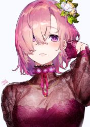 Rule 34 | 1girl, alternate costume, arm up, blush, breasts, cleavage, commentary request, earrings, fate/grand order, fate (series), floral print, flower, gloves, hair flower, hair ornament, hair over one eye, highres, jewelry, leaf, long sleeves, looking at viewer, mash kyrielight, medium breasts, mika pikazo, parted lips, pink hair, print shirt, purple eyes, purple flower, purple gloves, rose print, shirt, short hair, signature, simple background, smile, solo, upper body, white background, white flower, yellow flower