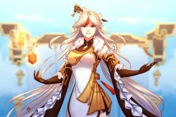 Rule 34 | 1girl, blurry, blurry background, breasts, caminukai, commentary, cowboy shot, detached sleeves, dress, elbow gloves, english commentary, gem, genshin impact, gloves, grey hair, highres, large breasts, long hair, looking at viewer, ningguang (genshin impact), orange eyes, parted lips, smile, solo, teeth, very long hair