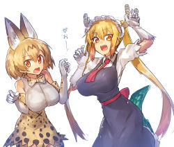 Rule 34 | 10s, 2girls, animal ears, bad anatomy, blonde hair, blush, breasts, cat girl, claw pose, commentary request, crossover, dragon girl, dragon tail, dress, elbow gloves, fang, gao, gloves, height difference, highres, horns, kemono friends, kobayashi-san chi no maidragon, large breasts, long hair, looking at viewer, maid, melon22, multiple girls, season connection, serval (kemono friends), serval print, serval tail, short hair, tail, tohru (maidragon), trait connection, translated, twintails, yellow eyes