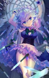 Rule 34 | 1girl, apron, arms up, blue eyes, bow, bowtie, braid, cross-laced clothes, dress, feet out of frame, frilled dress, frills, green bow, green bowtie, hair between eyes, hair bow, head tilt, highres, holding, holding knife, indoors, izayoi sakuya, knife, light particles, long hair, maid, maid headdress, short sleeves, side braids, silver hair, solo, standing, thighs, touhou, tsukikusa, twin braids, unconnected marketeers, waist apron, white apron, wrist cuffs