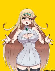 Rule 34 | 1girl, aidan kresnik, alternate costume, artist name, bare shoulders, black thighhighs, blonde hair, blush, breasts, cleavage, cleavage cutout, clothing cutout, commentary, cowboy shot, dress, english commentary, gem, highres, large breasts, long hair, looking at viewer, meme, meme attire, my little pogchamp (meme), mythra (xenoblade), open mouth, ribbed sweater, simple background, sleeveless, sleeveless dress, solo, sweater, sweater dress, swept bangs, thighhighs, very long hair, white dress, white sweater, xenoblade chronicles (series), xenoblade chronicles 2, yellow background, yellow eyes, yellow theme