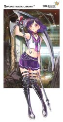 Rule 34 | 1girl, arm up, armpits, belt, blush, boots, chain, choker, company name, copyright name, crop top, eyebrows, full body, holding, holding weapon, looking at viewer, midriff, navel, neckerchief, pleated skirt, popqn, purple hair, purple skirt, qurare magic library, red eyes, school uniform, scythe, serafuku, skirt, sleeveless, solo, standing, stomach, thigh boots, thighhighs, two-handed, watermark, weapon, web address