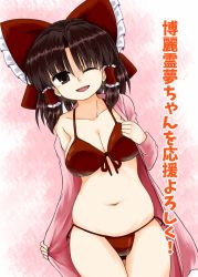 Rule 34 | 1girl, ;d, bad id, bad pixiv id, beach, belly, bikini, blush, bow, breasts, brown eyes, brown hair, cleavage, collarbone, female focus, front-tie top, gluteal fold, hair bow, hair ribbon, hair tubes, hakurei reimu, jacket, jacket over swimsuit, large bow, large breasts, looking at viewer, navel, ocean, one eye closed, open mouth, pink background, plump, ribbon, robe, side-tie bikini bottom, skindentation, smile, solo, swimsuit, thigh gap, touhou, zetsumame