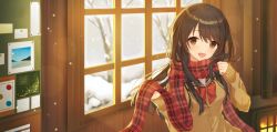 Rule 34 | 1girl, :d, bow, bowtie, brown eyes, brown hair, cardigan, commentary request, hiiragi souren, indoors, long hair, long sleeves, looking at viewer, official art, open mouth, original, plaid, plaid scarf, red bow, red bowtie, red scarf, sailor collar, scarf, school uniform, serafuku, smile, solo, upper body, winter