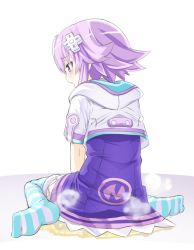 Rule 34 | 1girl, bad id, bad twitter id, crying, d-pad, highres, neptune (neptunia), neptune (series), niwaka potato, pee, peeing, peeing self, purple eyes, purple hair, short hair, simple background, sitting, solo, striped clothes, striped legwear, striped thighhighs, tears, thighhighs, wariza, white background