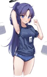 Rule 34 | 1girl, armpits, black shirt, blue archive, blush, cowboy shot, drone, facial mark, halo, hand in own hair, highres, id card, lanyard, long hair, looking at viewer, mechanical halo, nayamy, official alternate costume, parted lips, ponytail, purple eyes, purple hair, shirt, short sleeves, simple background, sketch, solo, star (symbol), white background, yuuka (blue archive), yuuka (track) (blue archive)
