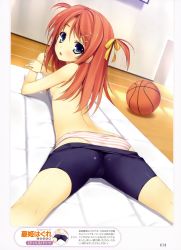 Rule 34 | 1girl, absurdres, ass, bad id, bad yandere id, ball, basketball, basketball (object), bike shorts, bike shorts pull, blue eyes, blush, breasts, cameltoe, dengeki moeou, from behind, hair ornament, hair ribbon, hairclip, highres, long hair, looking back, lying, nipples, no bra, on stomach, open mouth, original, panties, pantylines, red hair, ribbon, small breasts, solo, spread legs, striped clothes, striped panties, topless, twintails, underwear, undressing, yuuki hagure