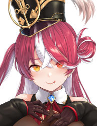 Rule 34 | 1girl, bare shoulders, black hat, blush, bodystocking, breasts, brooch, hair bun, hat, heterochromia, hololive, houshou marine, houshou marine (marching band), jewelry, kemigawa mondo, large breasts, licking lips, long hair, looking at viewer, multicolored hair, one side up, pantyhose, red eyes, red hair, single hair bun, smile, solo, streaked hair, tongue, tongue out, virtual youtuber, yellow eyes