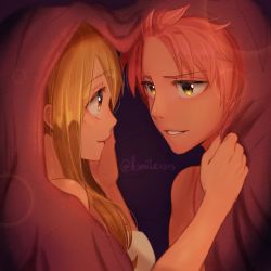 Rule 34 | 1boy, 1girl, blonde hair, eye contact, fairy tail, from side, hand on another&#039;s cheek, hand on another&#039;s face, highres, ksmile1313, lens flare, long hair, looking at another, lucy heartfilia, natsu dragneel, parted lips, pink hair, portrait, twitter username, under covers, yellow eyes