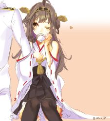 Rule 34 | 10s, 1boy, 1girl, 4th, admiral (kancolle), arm hug, bad id, bad pixiv id, bare shoulders, brown eyes, brown hair, cup, double bun, hair bun, hairband, heart, highres, japanese clothes, kantai collection, kongou (kancolle), long hair, nontraditional miko, one eye closed, ribbon-trimmed sleeves, ribbon trim, simple background, sitting, skirt, smile, solo, teacup, thighhighs, thighs, twitter username, uniform