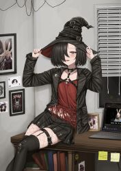 Rule 34 | 1girl, absurdres, black hair, black thighhighs, bookshelf, camisole, computer, fishnet pantyhose, fishnets, goth fashion, gothic, hair ornament, hair over one eye, hat, highres, indoors, jacket, kurotama rei, laptop, lobsteranian, mall goth, mole, mole under eye, open clothes, open jacket, original, pantyhose, photo (object), pleated skirt, purple eyes, red camisole, short hair, sitting, skirt, solo, thigh strap, thighhighs, witch hat