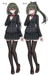 Rule 34 | 1girl, black jacket, black thighhighs, blazer, blush, bow, bowtie, brown footwear, buttons, closed mouth, green hair, hair between eyes, highres, jacket, long hair, looking at viewer, original, pleated skirt, ponytail, red eyes, red neckwear, school uniform, shoes, simple background, skirt, standing, thighhighs, white background, yakob labo