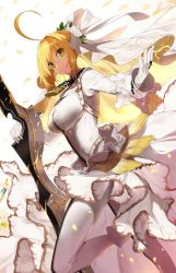 Rule 34 | 10s, 1girl, aestus estus, ahoge, bad id, bad twitter id, belt, belt skirt, blonde hair, blush, bodysuit, bow, breasts, bridal veil, buckle, bun cover, chain, closed mouth, dutch angle, fate/extra, fate/extra ccc, fate (series), flower, flower wreath, from side, full body, gloves, green eyes, hair between eyes, hair bow, hair bun, hair intakes, head wreath, large breasts, leg lift, leg up, light smile, lock, looking at viewer, looking back, nero claudius (bride) (fate), nero claudius (fate), nero claudius (fate) (all), outstretched arm, padlock, parted bangs, petals, planted, planted sword, planted weapon, short hair with long locks, sidelocks, simple background, single hair bun, skirt, smile, solo, studded belt, sword, touzai (poppin phl95), turtleneck, veil, weapon, white background, white bow, white flower, white gloves, white skirt, wrist cuffs