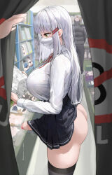 Rule 34 | 1boy, 1futa, ass, black thighhighs, book, breasts, curtains, developing erection, erection, foreskin, from side, futanari, hair ornament, hairclip, highres, holding, holding book, indoors, iro (boo iro), large breasts, long hair, long sleeves, manga (object), mask, microskirt, mouth mask, original, penis, pleated skirt, precum, precum string, public indecency, reading, school uniform, sex shop, shirt, shop, skirt, solo focus, standing, thighhighs, thighs, uncensored, white hair, white shirt, yellow eyes