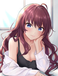 Rule 34 | 1girl, absurdres, antenna hair, arm support, bare shoulders, black tank top, blue eyes, breasts, brown hair, cleavage, commentary request, dress shirt, hand on own cheek, hand on own face, highres, ichinose shiki, idolmaster, idolmaster cinderella girls, jyu-so, long hair, looking at viewer, medium breasts, off shoulder, shirt, smile, solo, tank top, upper body, wavy hair, white shirt, window