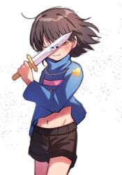 Rule 34 | 1girl, belly, black shorts, blue sweater, brown hair, frisk (undertale), gold necklace, half-closed eyes, heart, heart necklace, holding, holding knife, jewelry, knife, long sleeves, navel, necklace, short shorts, shorts, simple background, smile, standing, striped clothes, striped sweater, sweater, undertale, white background, xox xxxxxx, yellow eyes