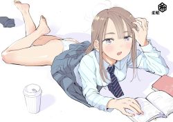 Rule 34 | 1girl, adjusting hair, banned artist, bare legs, barefoot, blue necktie, blue shirt, blue skirt, blush, book, cup, disposable cup, dot nose, highres, long sleeves, looking at viewer, lying, masuda (yousaytwosin), necktie, on stomach, open book, original, panties, parted lips, pleated skirt, polka dot, polka dot panties, purple eyes, shirt, skirt, unworn socks, solo, striped necktie, underwear, white panties