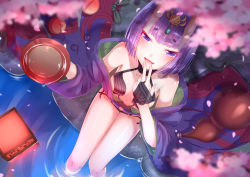 Rule 34 | 1girl, :d, alcohol, blunt bangs, breasts, bridal gauntlets, cherry blossoms, cleavage, collarbone, cup, fate/grand order, fate (series), from above, gem, hair ornament, highres, holding, holding cup, horns, looking up, open mouth, purple hair, sakazuki, sake, short hair, shuten douji (fate), sitting, sll, small breasts, smile, soaking feet, solo, water