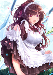 Rule 34 | 1girl, :d, apron, black hair, commentary request, day, dress, frilled apron, frills, haruka natsuki, highres, juliet sleeves, long hair, long sleeves, looking at viewer, maid, maid apron, maid headdress, medium dress, neck ribbon, open mouth, original, outdoors, ponytail, puffy sleeves, purple ribbon, red eyes, ribbon, skirt hold, smile, solo, sparkle, standing, water drop, white apron, wind