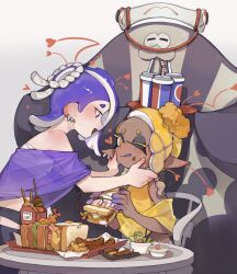 Rule 34 | 1boy, 2girls, ;p, bare shoulders, big man (splatoon), black eyes, black leggings, blue hair, blue shawl, blush, chest sarashi, closed eyes, commentary, cowboy shot, crop top, cup, dark-skinned female, dark skin, disposable cup, drink, drinking straw, earrings, eyeshadow, fang, food, food on face, french fries, from side, frye (splatoon), hachimaki, hair over one eye, hands on another&#039;s face, headband, heart, holding, holding food, holding plate, inkling, jewelry, leggings, looking at another, makeup, multiple earrings, multiple girls, nejiri hachimaki, nintendo, octoling, on chair, one eye closed, open mouth, orange pupils, plate, pointy ears, red eyeshadow, salted whale, sandwich, sarashi, sausage, see-through shawl, shawl, shirt, shiver (splatoon), shrimp, shrimp tempura, sitting, splatoon (series), splatoon 3, star-shaped pupils, star (symbol), suction cups, sweat, symbol-only commentary, symbol-shaped pupils, table, tempura, tentacle hair, tongue, tongue out, tooth earrings, white background, wiping face, yellow eyes, yellow shawl, yellow shirt
