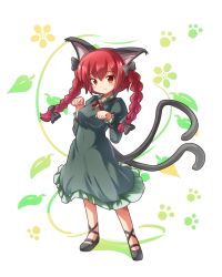 Rule 34 | 1girl, animal ears, ankle ribbon, blush, braid, cat ears, cat tail, dress, full body, green dress, hair ribbon, juliet sleeves, kaenbyou rin, leaf, leaf background, leg ribbon, long sleeves, looking at viewer, mary janes, multiple tails, paw pose, paw print, puffy sleeves, red eyes, red hair, ribbon, ryogo, shoes, short hair, smile, solo, tail, touhou, tress ribbon, twin braids, white background
