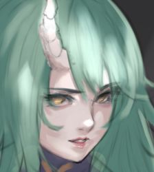Rule 34 | 1girl, arknights, chinese commentary, commentary request, green hair, horns, hoshiguma (arknights), kamkac, long hair, looking at viewer, parted lips, portrait, single horn, solo, yellow eyes