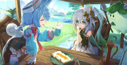 2girls absurdres aqua_shirt aranara_(genshin_impact) arm_support blue_hair bow bowtie chair closed_eyes colored_tips commentary_request cross-shaped_pupils dress drink finger_to_own_chin food genshin_impact ginlear gloves gradient_hair grass green_eyes green_hair green_sleeves hair_ornament hat highres holding holding_drink leaf_hair_ornament low_twintails mountainous_horizon multicolored_hair multiple_girls nahida_(genshin_impact) nurse_cap outdoors pantyhose pink_bow pink_bowtie plate pointy_ears puffy_shorts shirt shorts side_ponytail sigewinne_(genshin_impact) sitting sky symbol-shaped_pupils table tree twintails water white_dress white_gloves white_hair white_hat white_pantyhose wooden_chair wooden_table