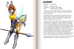 Rule 34 | 1girl, antennae, armor, arthropod girl, bee girl, blue eyes, blush, breasts, brown hair, bug, character profile, elbow gloves, english text, gloves, grey eyes, hard-translated, hornet (monster girl encyclopedia), imageboard desourced, insect girl, insect wings, kenkou cross, lance, large breasts, monster girl, monster girl encyclopedia, non-web source, official art, polearm, shirt, solo, spear, taut clothes, taut shirt, third-party edit, translated, wasp, wasp girl, weapon, wings