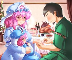 Rule 34 | 1boy, 2girls, artist self-insert, bad id, bad pixiv id, black hair, child, christmas, commentary request, faceless, faceless male, facial hair, family, food, goatee, hat, indoors, jewelry, ko-yuyuko (shin&#039;en), mother and daughter, multiple girls, mystia lorelei, pink eyes, pink hair, revision, ring, saigyouji yuyuko, shin&#039;en-san (shin&#039;en), shin&#039;en (gyokuro company), short hair, smile, tattoo, touhou, triangular headpiece, turkey (food), wedding band
