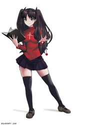 Rule 34 | 1girl, black hair, black skirt, black thighhighs, blue eyes, book, breasts, brown footwear, closed mouth, contrapposto, cross print, fate/stay night, fate (series), full body, hair ribbon, highres, holding, holding book, jamshrimpy, jewelry, long hair, long sleeves, looking at viewer, medium breasts, miniskirt, open hand, pendant, photo-referenced, pleated skirt, red shirt, ribbon, shirt, shoes, simple background, skirt, solo, standing, thighhighs, tohsaka rin, turtleneck, two side up, very long hair, white background, zettai ryouiki