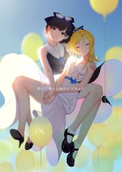 Rule 34 | 10s, 2girls, ayase eli, backlighting, bad id, bad pixiv id, balloon, bandaid, bandaid on knee, bandaid on leg, black hair, blonde hair, blurry, bow, brown eyes, depth of field, dress, closed eyes, full body, hair bow, high heels, highres, holding hands, hoshimawa, love live!, love live! school idol project, mary janes, multiple girls, nanjou yoshino, no socks, ponytail, shoes, smile, socks, voice actor, voice actor connection, white dress, white legwear