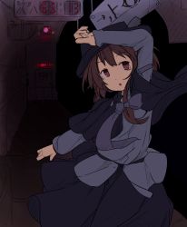 Rule 34 | 1girl, arm up, black bow, black hat, black skirt, bow, brown eyes, brown hair, capelet, commentary request, cowboy shot, furorina, hair bow, hat, long sleeves, open mouth, short hair, sidelocks, skirt, solo, touhou, usami renko